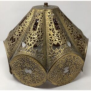 Vintage Moroccan Pierced Brass Lamp Shade Hand Tooled Filigree Scalloped Octagon